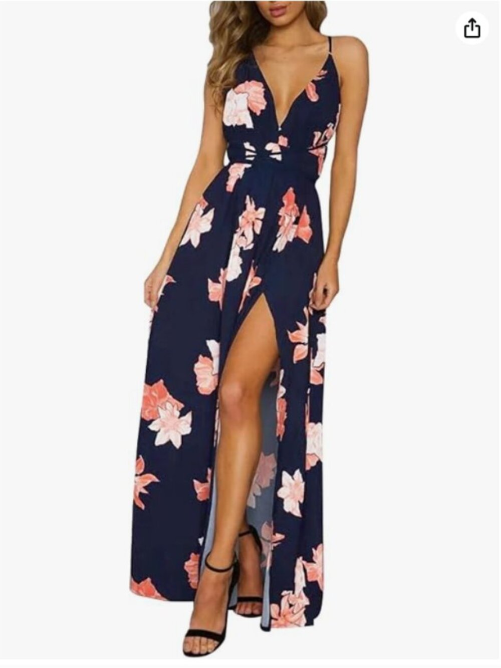 BerryGo Navy & Coral Floral Halter Maxi Dress | Deep V‑Neck | Backless | Size M